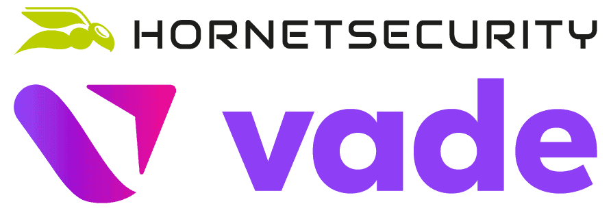 Hornetsecurity logo featuring a yellow hornet icon and the distinct purple 'vade' logo.